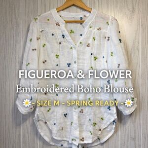 FIGUEROA & FLOWER White Embroidered Floral Boho Blouse Medium